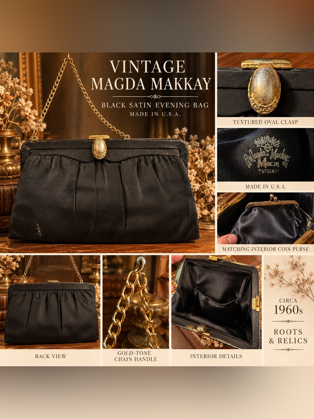 Vintage 1960s Magda Makkay Black Satin Evening Bag Gold Chain Coin Purse